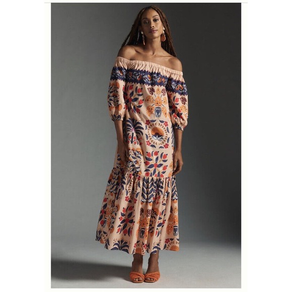 FARM Rio Dresses & Skirts - 💜 Farm Rio Anthropologie Flowy Off The Shoulder Maxi Dress - L - Orange